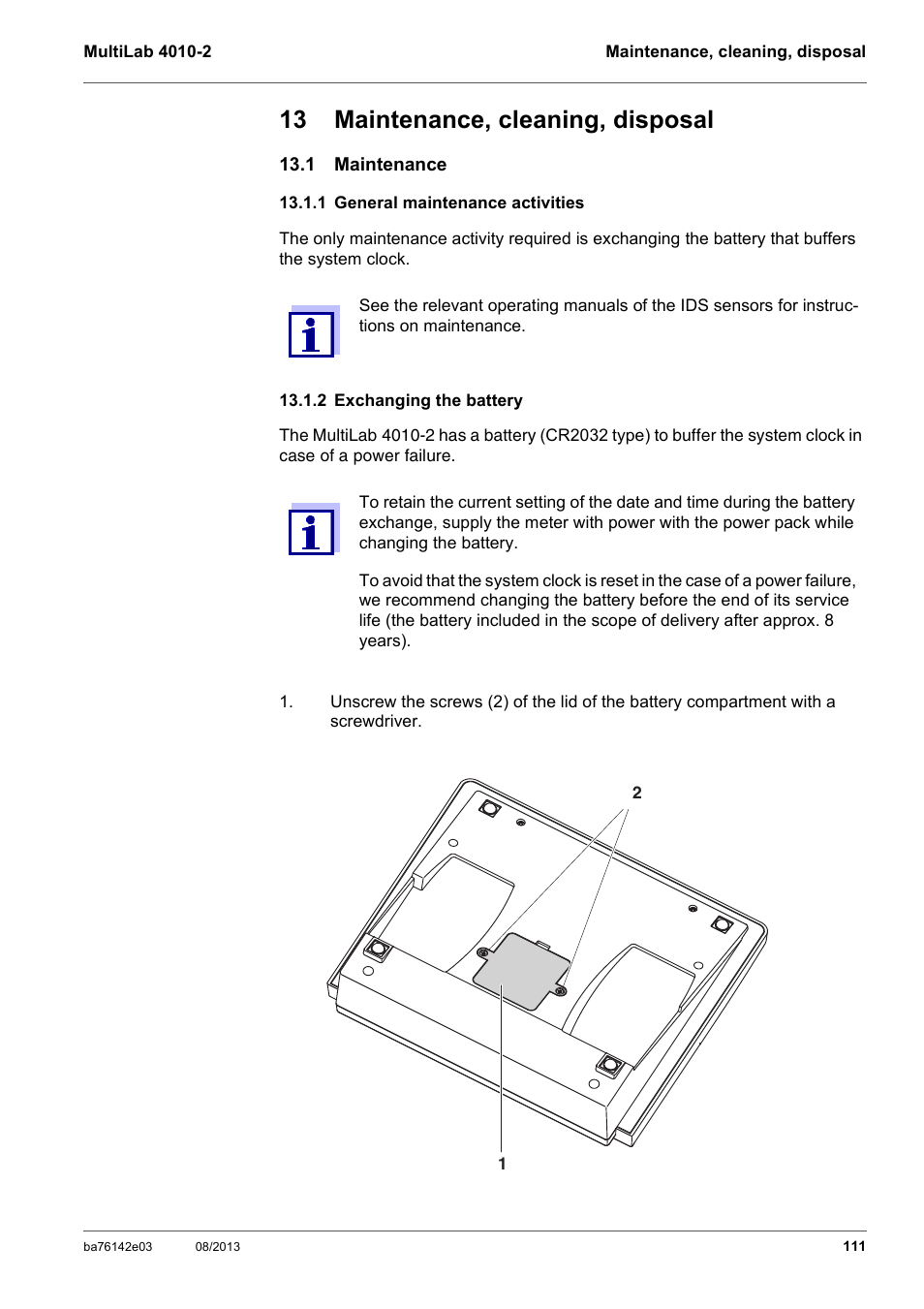 13 maintenance, cleaning, disposal, 1 maintenance, 1 general maintenance activities | 2 exchanging the battery, Ee section 13.1.2 e, Xchanging, Battery | YSI MultiLab 4010-2 User Manual | Page 111 / 138
