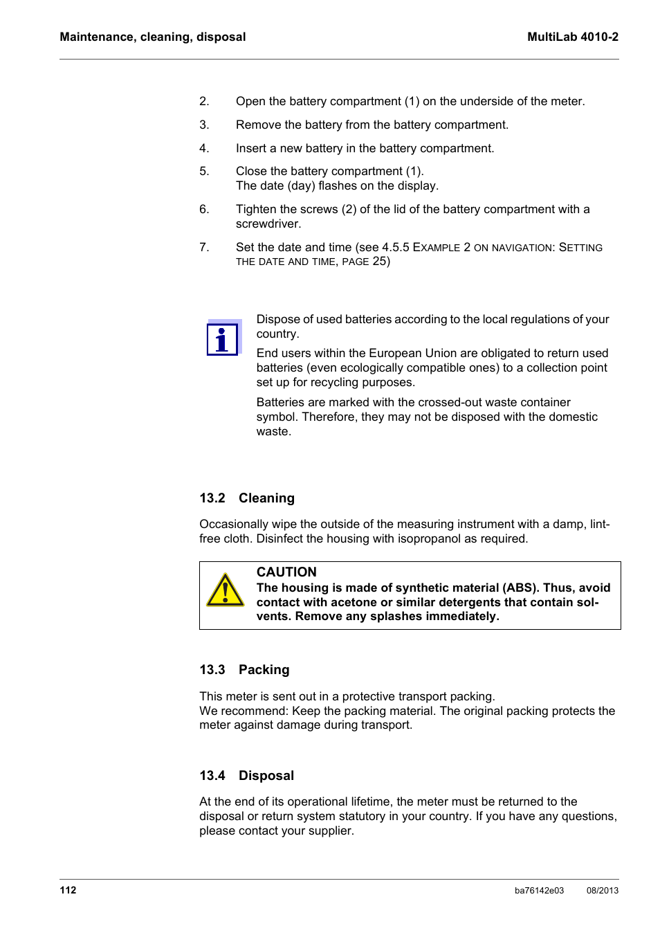 2 cleaning, 3 packing, 4 disposal | 2 cleaning 13.3 packing 13.4 disposal | YSI MultiLab 4010-2 User Manual | Page 112 / 138