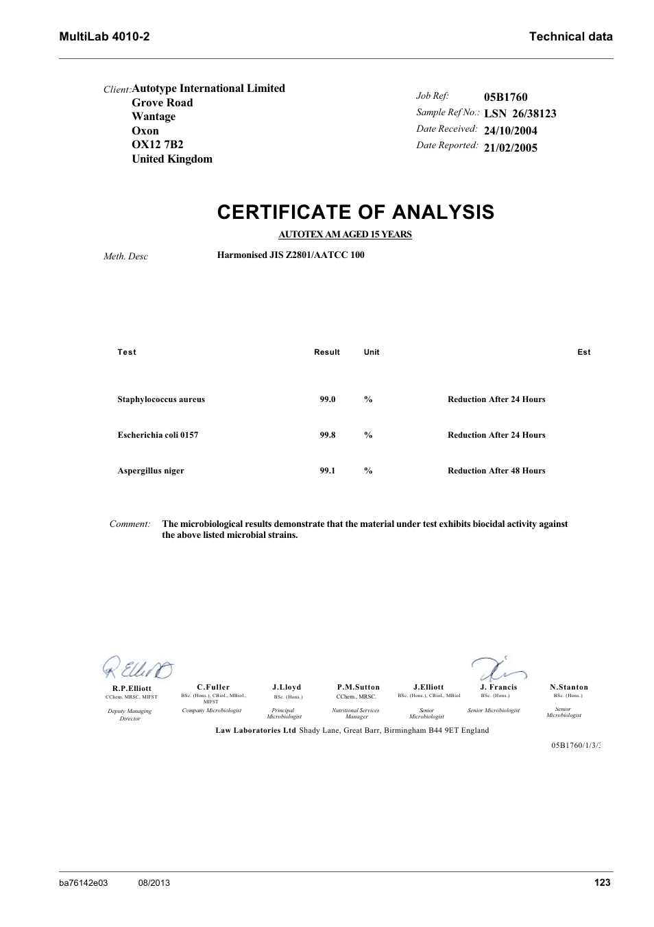Certificate of analysis | YSI MultiLab 4010-2 User Manual | Page 123 / 138