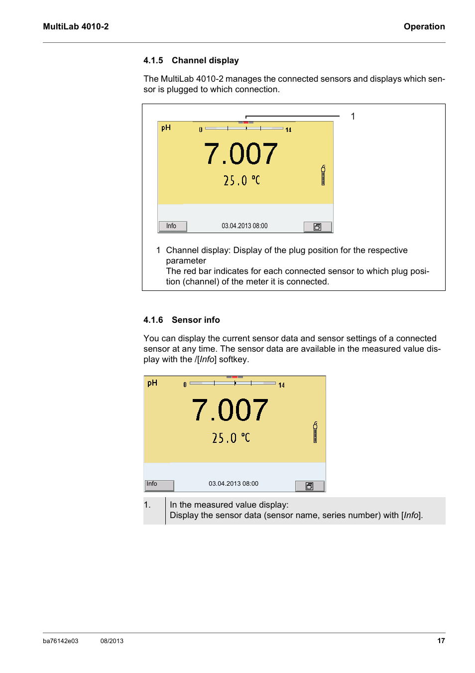 5 channel display, 6 sensor info, Channel display | Sensor info, Ee section 4.1.6 s, Ensor, Info | YSI MultiLab 4010-2 User Manual | Page 17 / 138