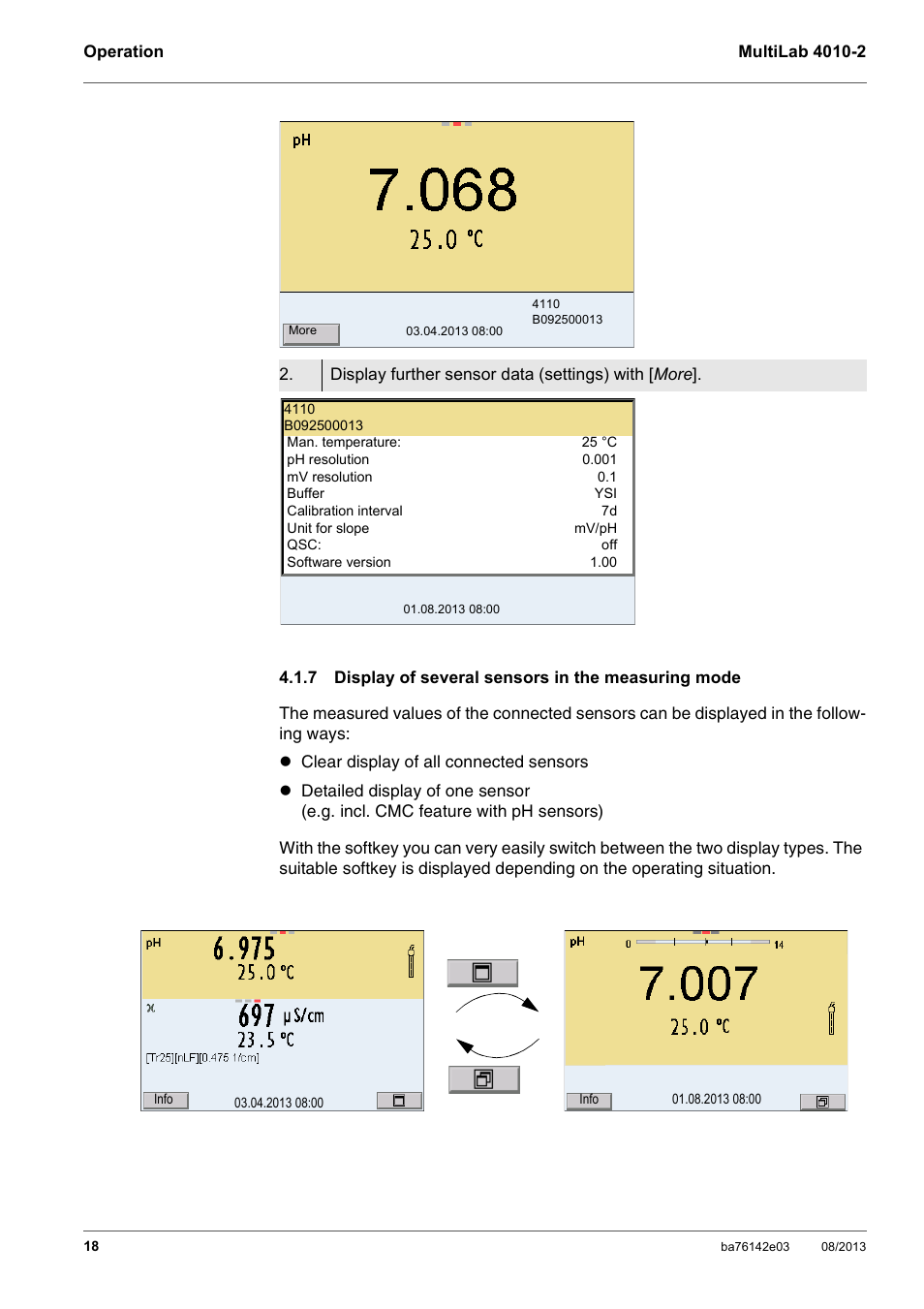 7 display of several sensors in the measuring mode, Display of several sensors in the measuring mode | YSI MultiLab 4010-2 User Manual | Page 18 / 138