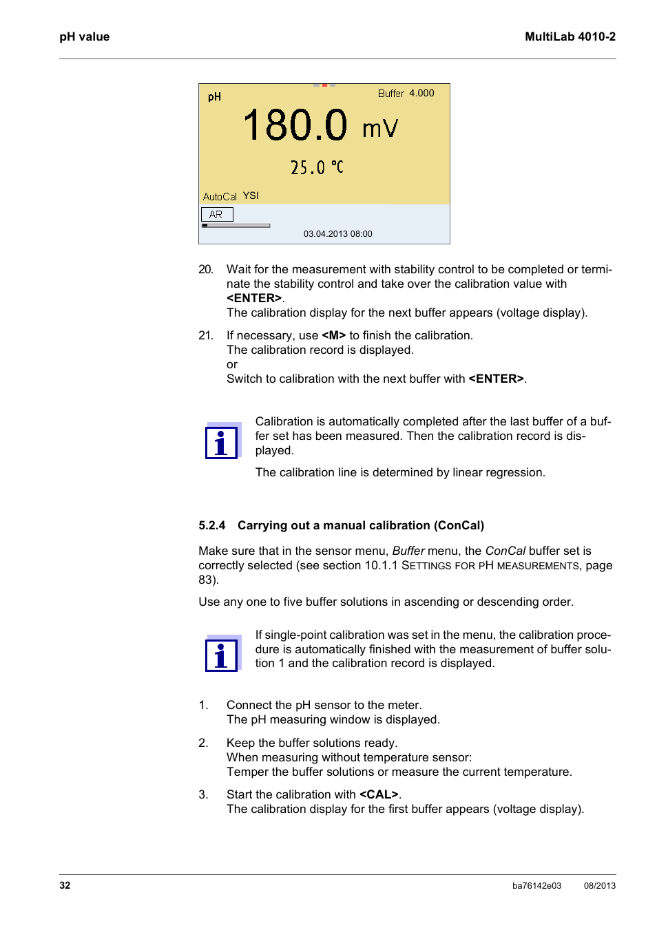 4 carrying out a manual calibration (concal), Carrying out a manual calibration (concal) | YSI MultiLab 4010-2 User Manual | Page 32 / 138