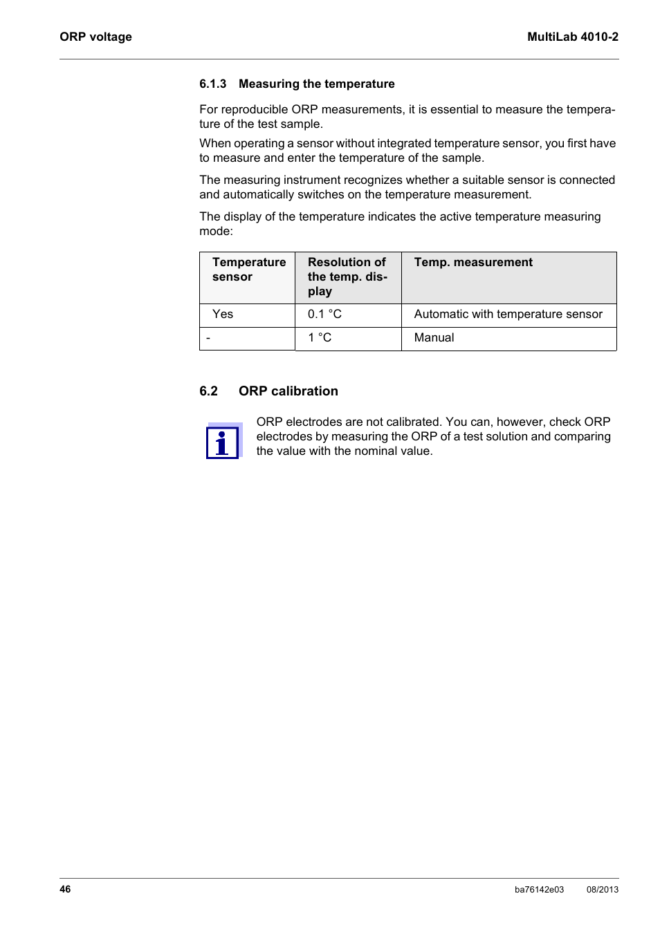 3 measuring the temperature, 2 orp calibration, Measuring the temperature | Orp calibration | YSI MultiLab 4010-2 User Manual | Page 46 / 138