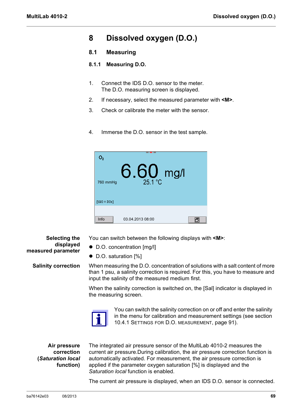 8 dissolved oxygen (d.o.), 1 measuring, 1 measuring d.o | Dissolved oxygen (d.o.), Measuring, Measuring d.o, 8dissolved oxygen (d.o.), 1 °c | YSI MultiLab 4010-2 User Manual | Page 69 / 138
