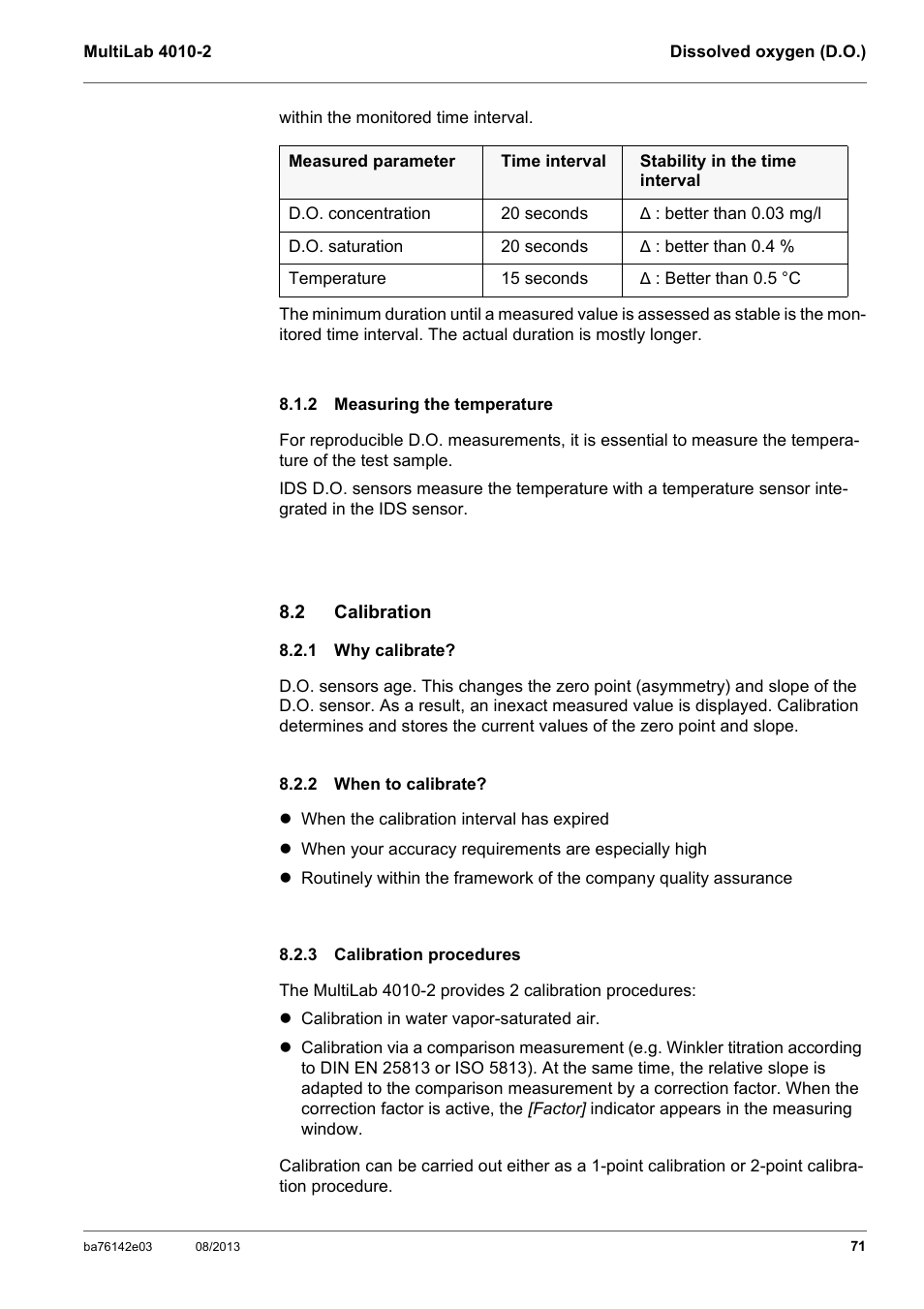 2 measuring the temperature, 2 calibration, 1 why calibrate | 2 when to calibrate, 3 calibration procedures, Measuring the temperature, Calibration, Why calibrate, When to calibrate, Calibration procedures | YSI MultiLab 4010-2 User Manual | Page 71 / 138
