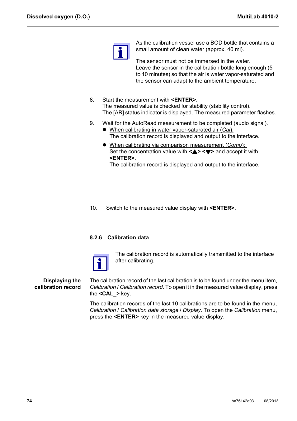 6 calibration data, Calibration data | YSI MultiLab 4010-2 User Manual | Page 74 / 138