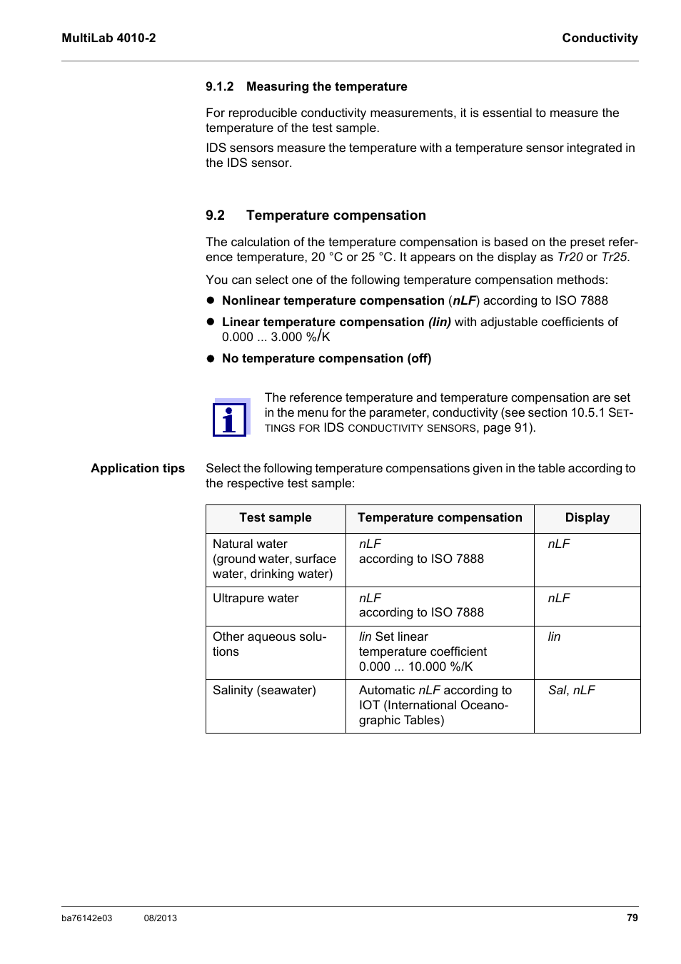 2 measuring the temperature, 2 temperature compensation, Measuring the temperature | Temperature compensation | YSI MultiLab 4010-2 User Manual | Page 79 / 138