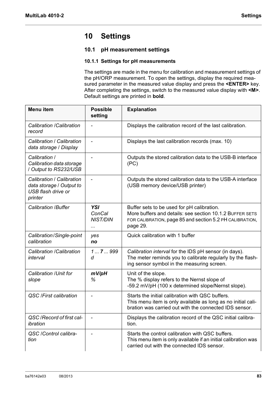 10 settings, 1 ph measurement settings, 1 settings for ph measurements | Section 10.1.1 s, Ettings, Measurements, Ee section 10.1.1 s | YSI MultiLab 4010-2 User Manual | Page 83 / 138