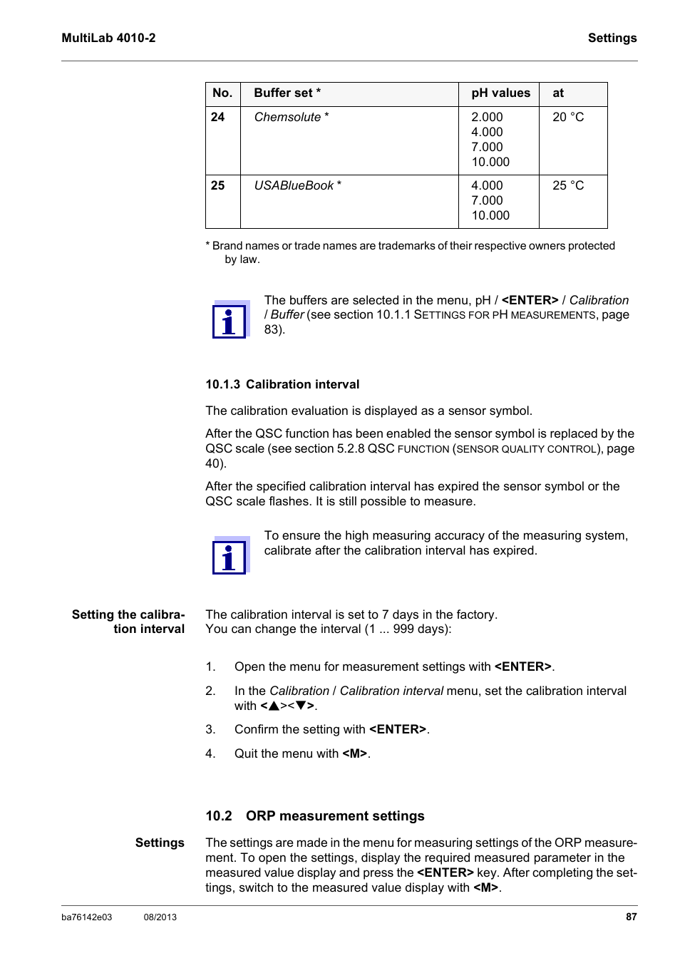3 calibration interval, 2 orp measurement settings | YSI MultiLab 4010-2 User Manual | Page 87 / 138