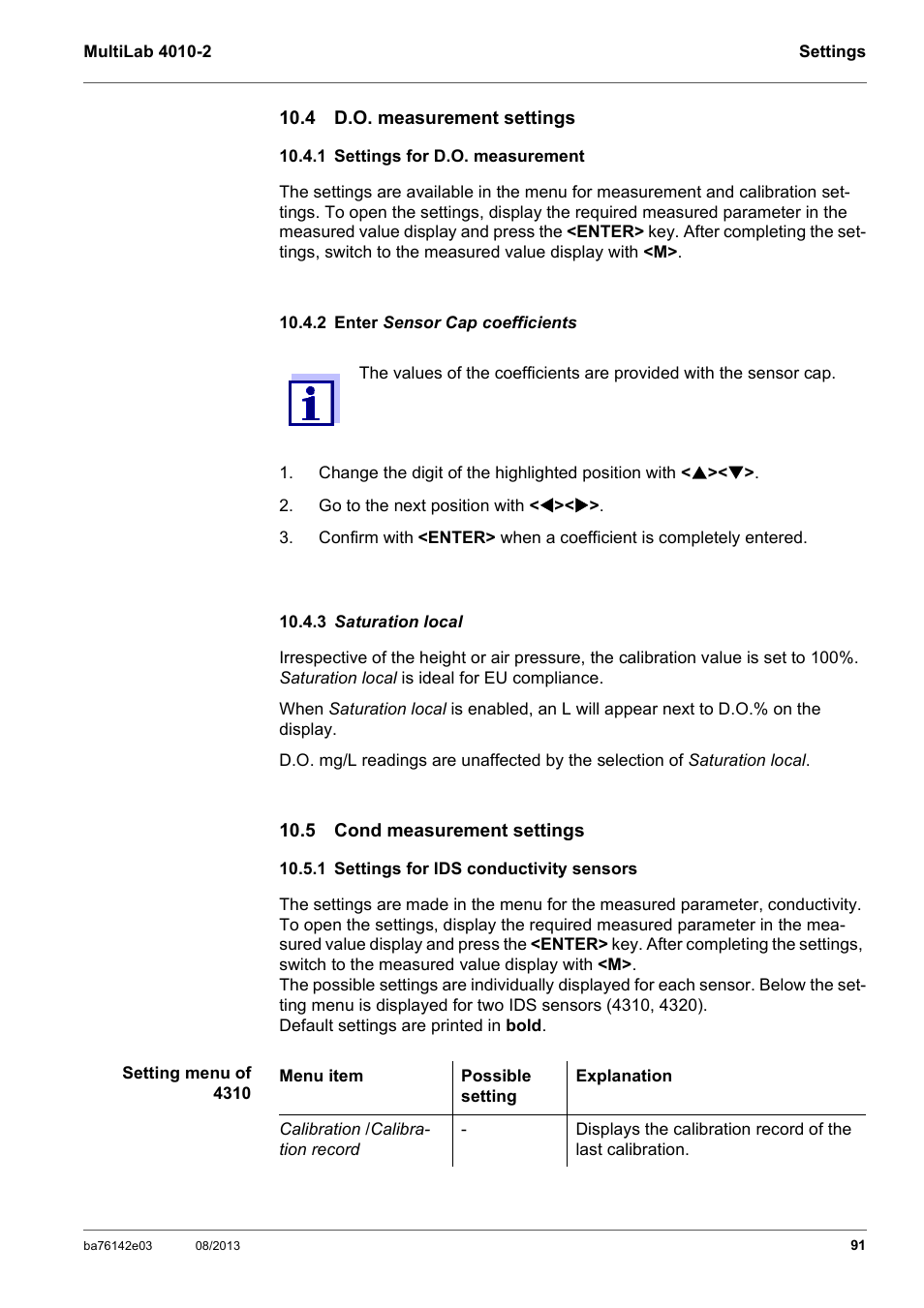 4 d.o. measurement settings, 1 settings for d.o. measurement, 2 enter sensor cap coefficients | 3 saturation local, 5 cond measurement settings, 1 settings for ids conductivity sensors, 1 settings for d.o. measurement 10.4.2 enter sen, 3 satur, Section 10.4.1 s, Ettings | YSI MultiLab 4010-2 User Manual | Page 91 / 138