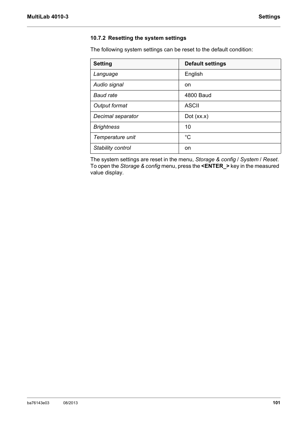 2 resetting the system settings, See section 10.7.2 r, Esetting | System, Settings | YSI MultiLab 4010-3 User Manual | Page 101 / 140