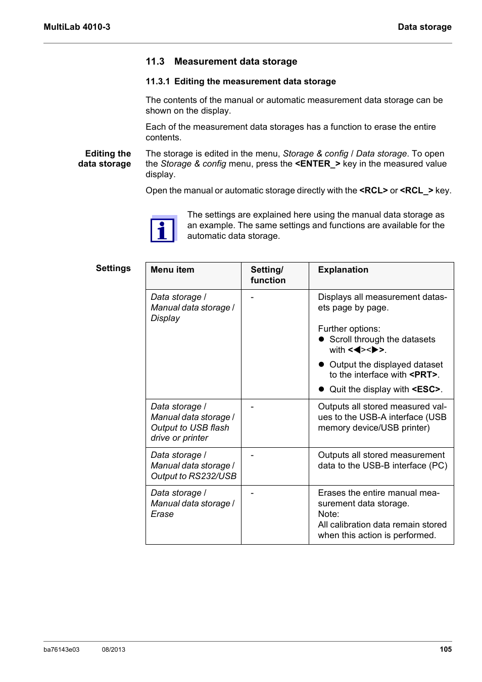 3 measurement data storage, 1 editing the measurement data storage, Section 11.3.1 e | Diting, Measurement, Data, Storage | YSI MultiLab 4010-3 User Manual | Page 105 / 140