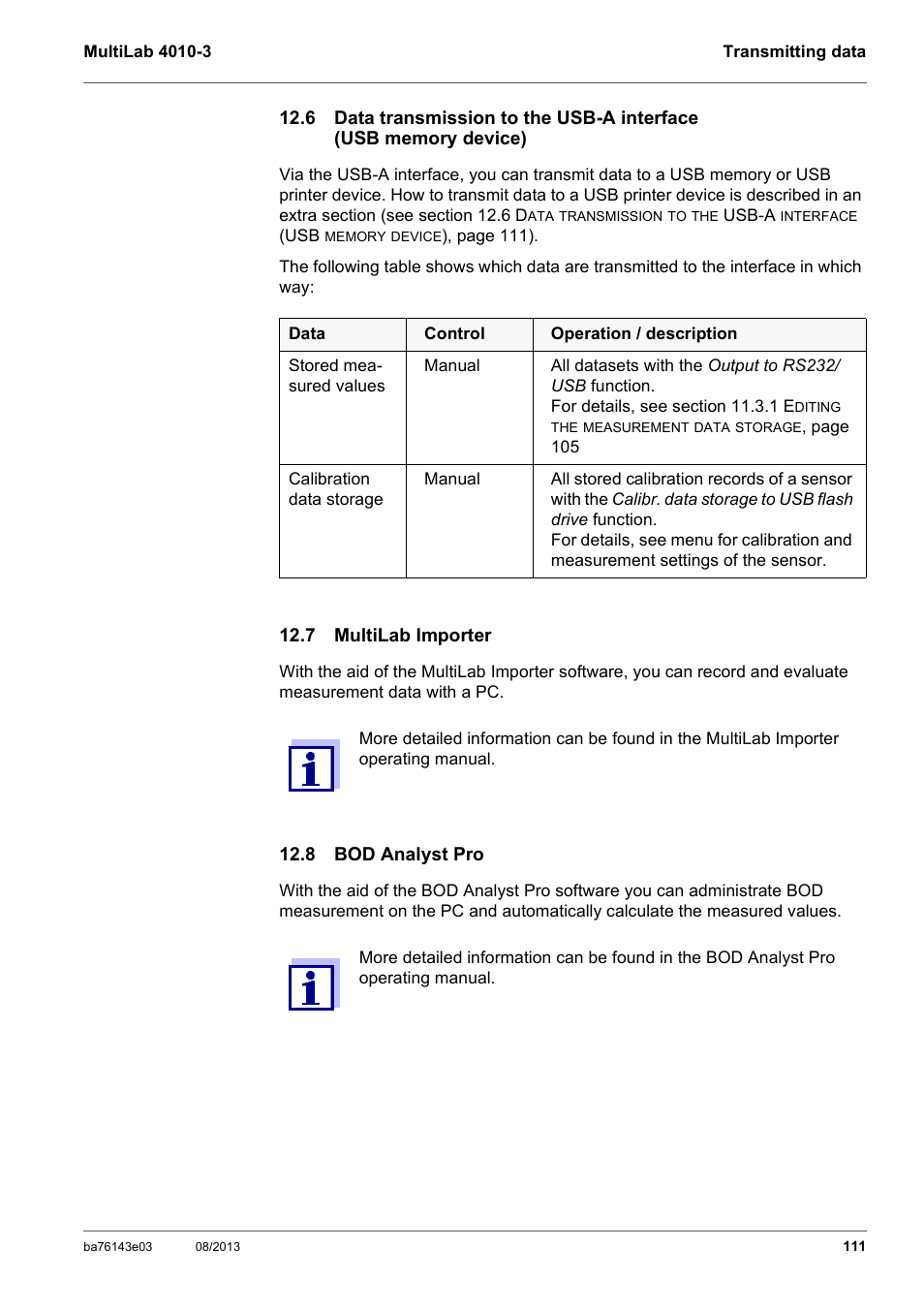 7 multilab importer, 8 bod analyst pro, 6 data transmission to the usb-a interface | Usb memory device), 7 multilab importer 12.8 bod analyst pro, Section 12.6 d, Transmission, Usb-a, Interface, Memory | YSI MultiLab 4010-3 User Manual | Page 111 / 140