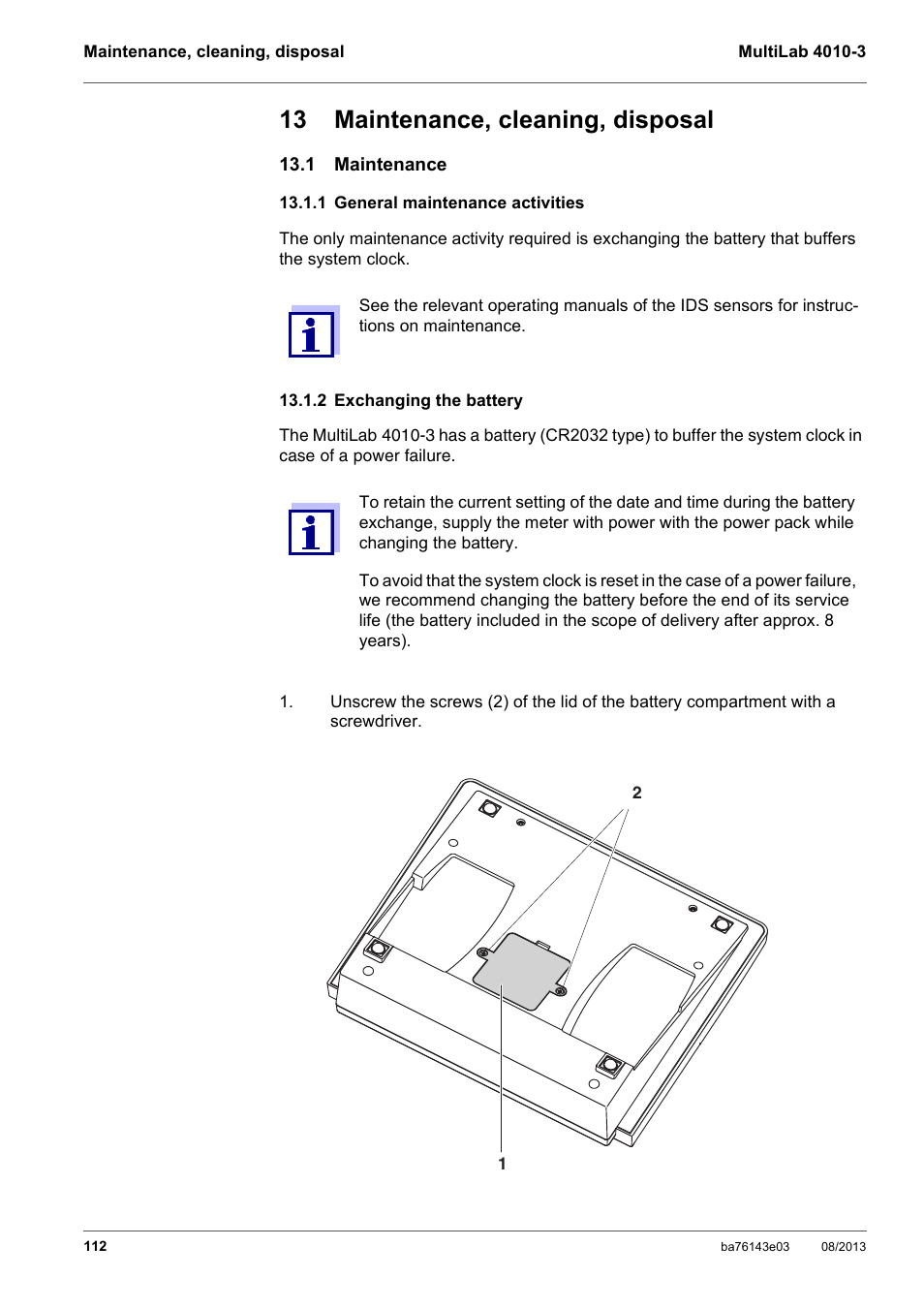 13 maintenance, cleaning, disposal, 1 maintenance, 1 general maintenance activities | 2 exchanging the battery, Ee section 13.1.2 e, Xchanging, Battery | YSI MultiLab 4010-3 User Manual | Page 112 / 140