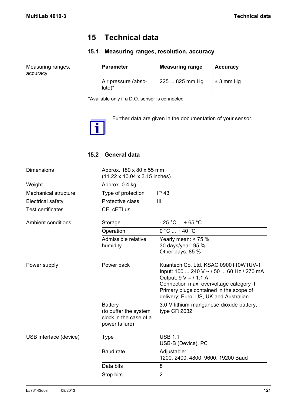 15 technical data, 1 measuring ranges, resolution, accuracy, 2 general data | Section, Eneral, Data, Section 15 t, Echnical, See section 15.2 g, Section 15.2 g | YSI MultiLab 4010-3 User Manual | Page 121 / 140