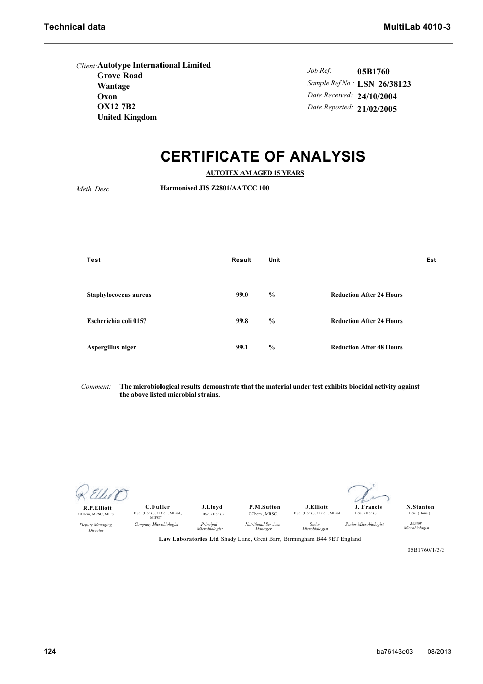 Certificate of analysis | YSI MultiLab 4010-3 User Manual | Page 124 / 140