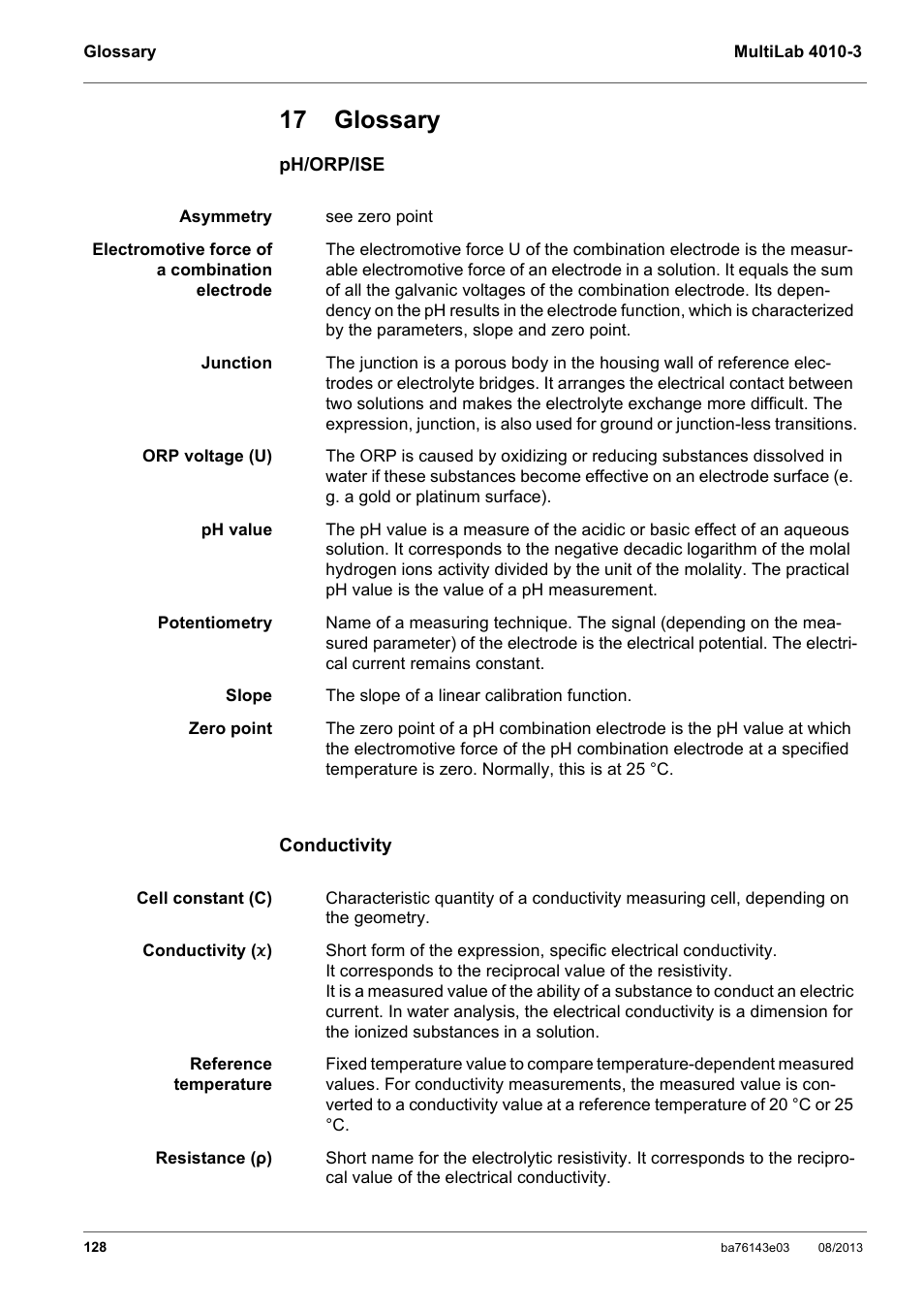 17 glossary | YSI MultiLab 4010-3 User Manual | Page 128 / 140