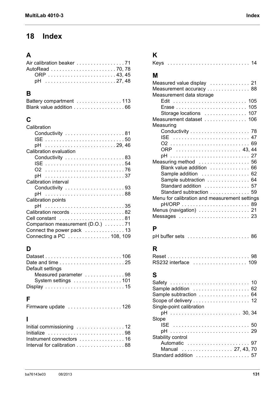 18 index | YSI MultiLab 4010-3 User Manual | Page 131 / 140