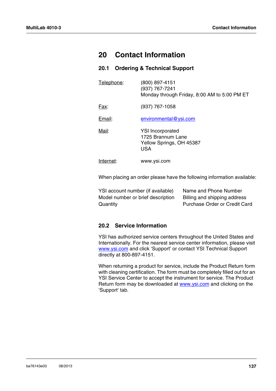 20 contact information, 1 ordering & technical support, 2 service information | YSI MultiLab 4010-3 User Manual | Page 137 / 140