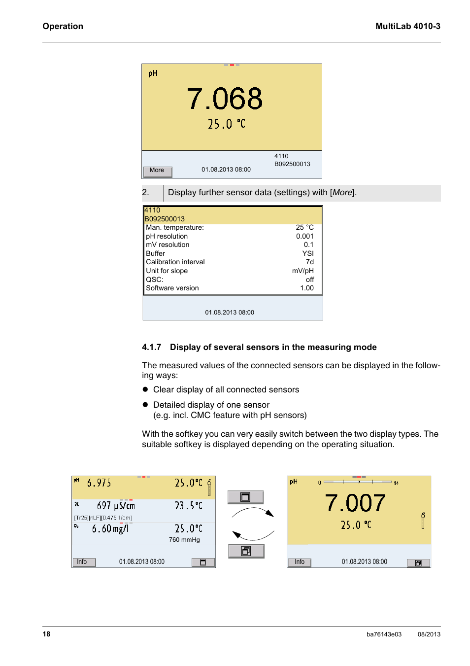 7 display of several sensors in the measuring mode, Display of several sensors in the measuring mode | YSI MultiLab 4010-3 User Manual | Page 18 / 140