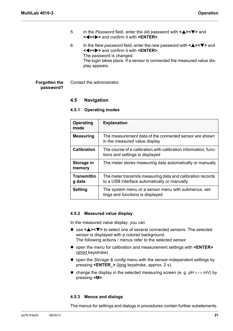 5 navigation, 1 operating modes, 2 measured value display | 3 menus and dialogs, Navigation, Operating modes, Measured value display, Menus and dialogs | YSI MultiLab 4010-3 User Manual | Page 21 / 140