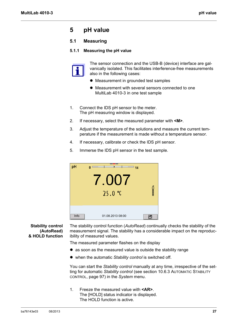 5 ph value, 1 measuring, 1 measuring the ph value | Ph value, Measuring, Measuring the ph value, 5ph value | YSI MultiLab 4010-3 User Manual | Page 27 / 140