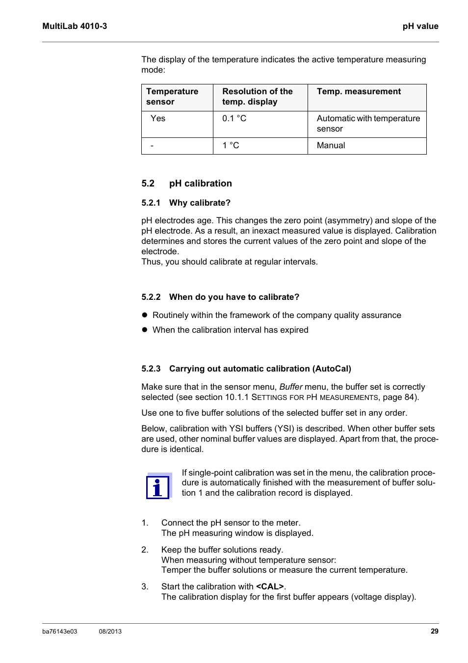 2 ph calibration, 1 why calibrate, 2 when do you have to calibrate | 3 carrying out automatic calibration (autocal), Ph calibration, Why calibrate, When do you have to calibrate, Carrying out automatic calibration (autocal) | YSI MultiLab 4010-3 User Manual | Page 29 / 140