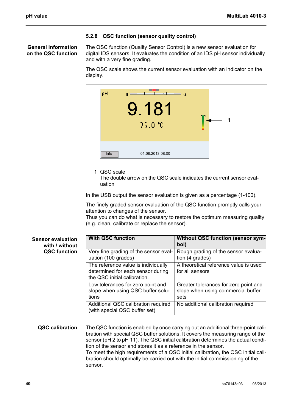 8 qsc function (sensor quality control), Qsc function (sensor quality control), Ee section 5.2.8 qsc | Function, Sensor, Quality, Control | YSI MultiLab 4010-3 User Manual | Page 40 / 140