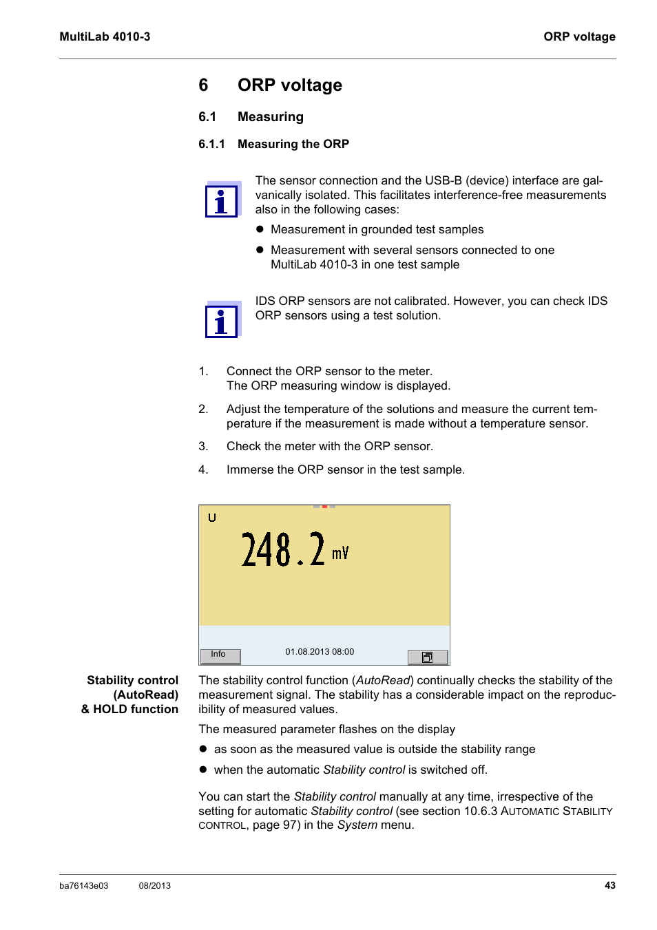 6 orp voltage, 1 measuring, 1 measuring the orp | Orp voltage, Measuring, Measuring the orp, 6orp voltage | YSI MultiLab 4010-3 User Manual | Page 43 / 140