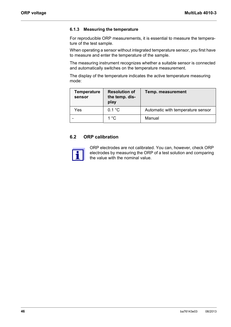 3 measuring the temperature, 2 orp calibration, Measuring the temperature | Orp calibration | YSI MultiLab 4010-3 User Manual | Page 46 / 140