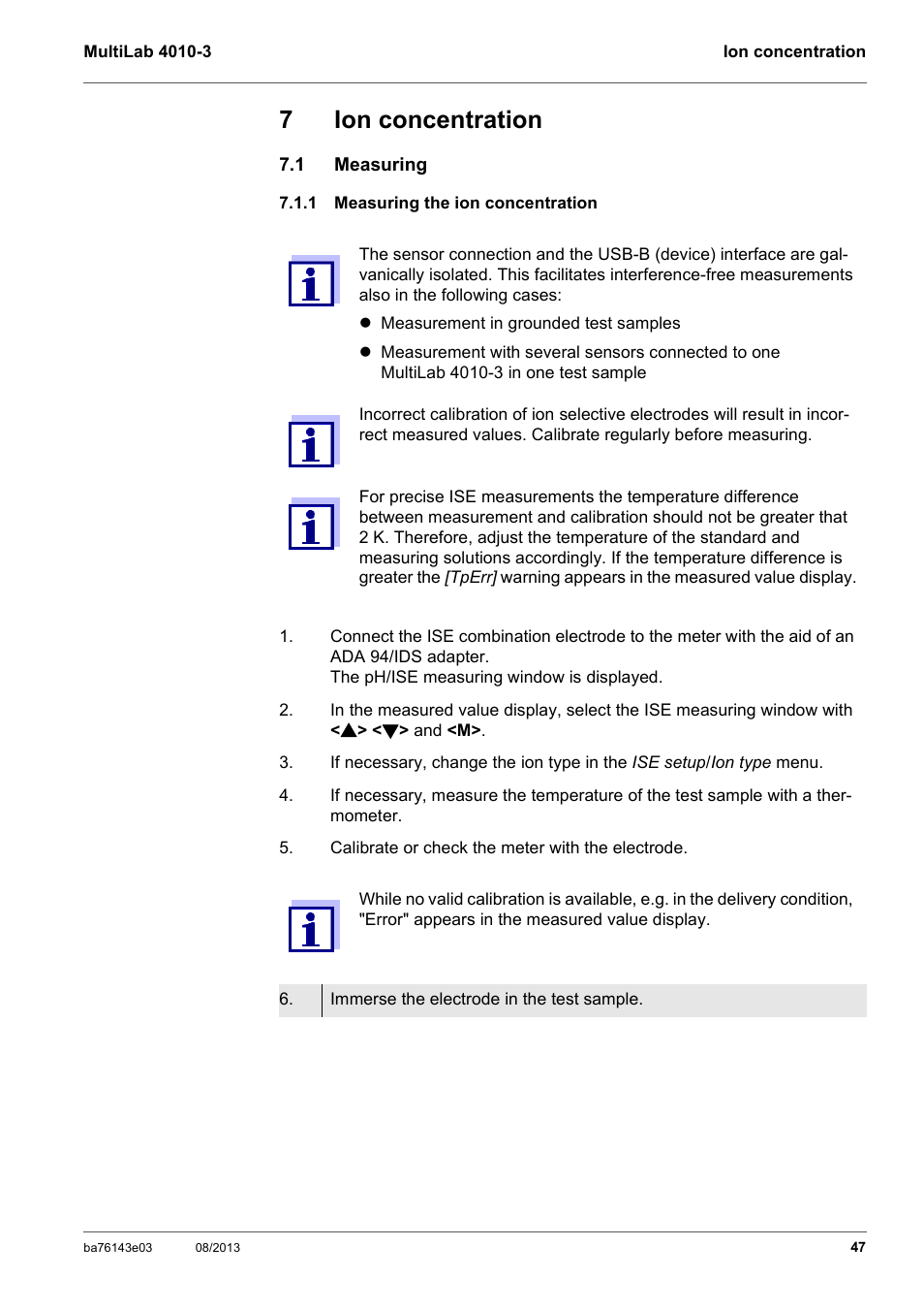 7 ion concentration, 1 measuring, 1 measuring the ion concentration | Ion concentration, Measuring, Measuring the ion concentration, 7ion concentration | YSI MultiLab 4010-3 User Manual | Page 47 / 140