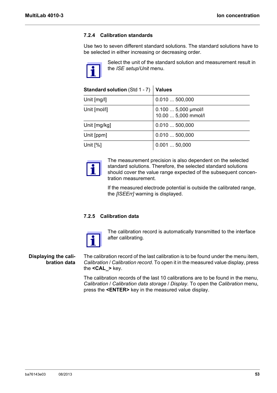 4 calibration standards, 5 calibration data, Calibration standards | Calibration data | YSI MultiLab 4010-3 User Manual | Page 53 / 140