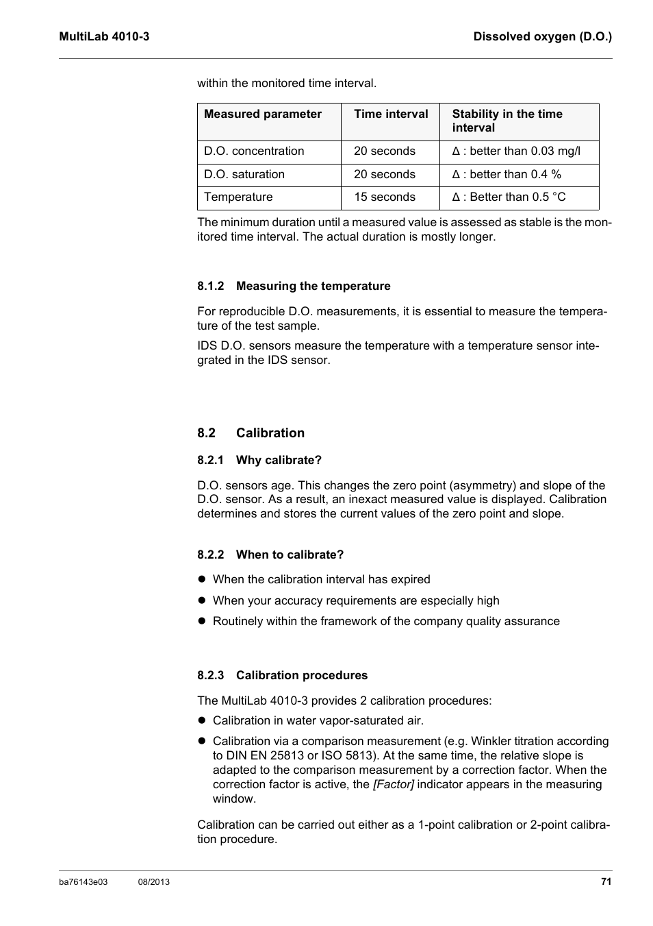 2 measuring the temperature, 2 calibration, 1 why calibrate | 2 when to calibrate, 3 calibration procedures, Measuring the temperature, Calibration, Why calibrate, When to calibrate, Calibration procedures | YSI MultiLab 4010-3 User Manual | Page 71 / 140