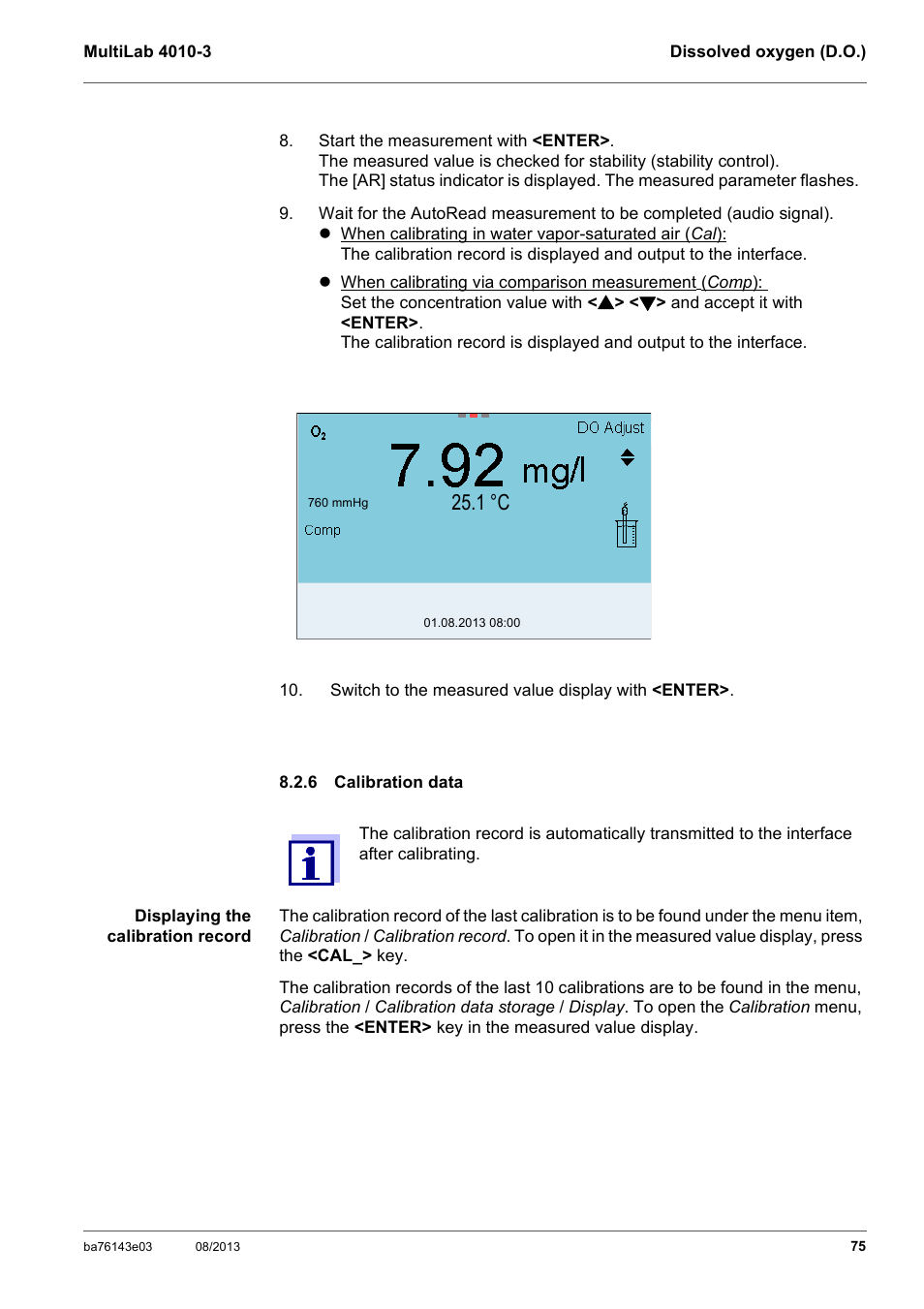 6 calibration data, Calibration data, 1 °c | YSI MultiLab 4010-3 User Manual | Page 75 / 140