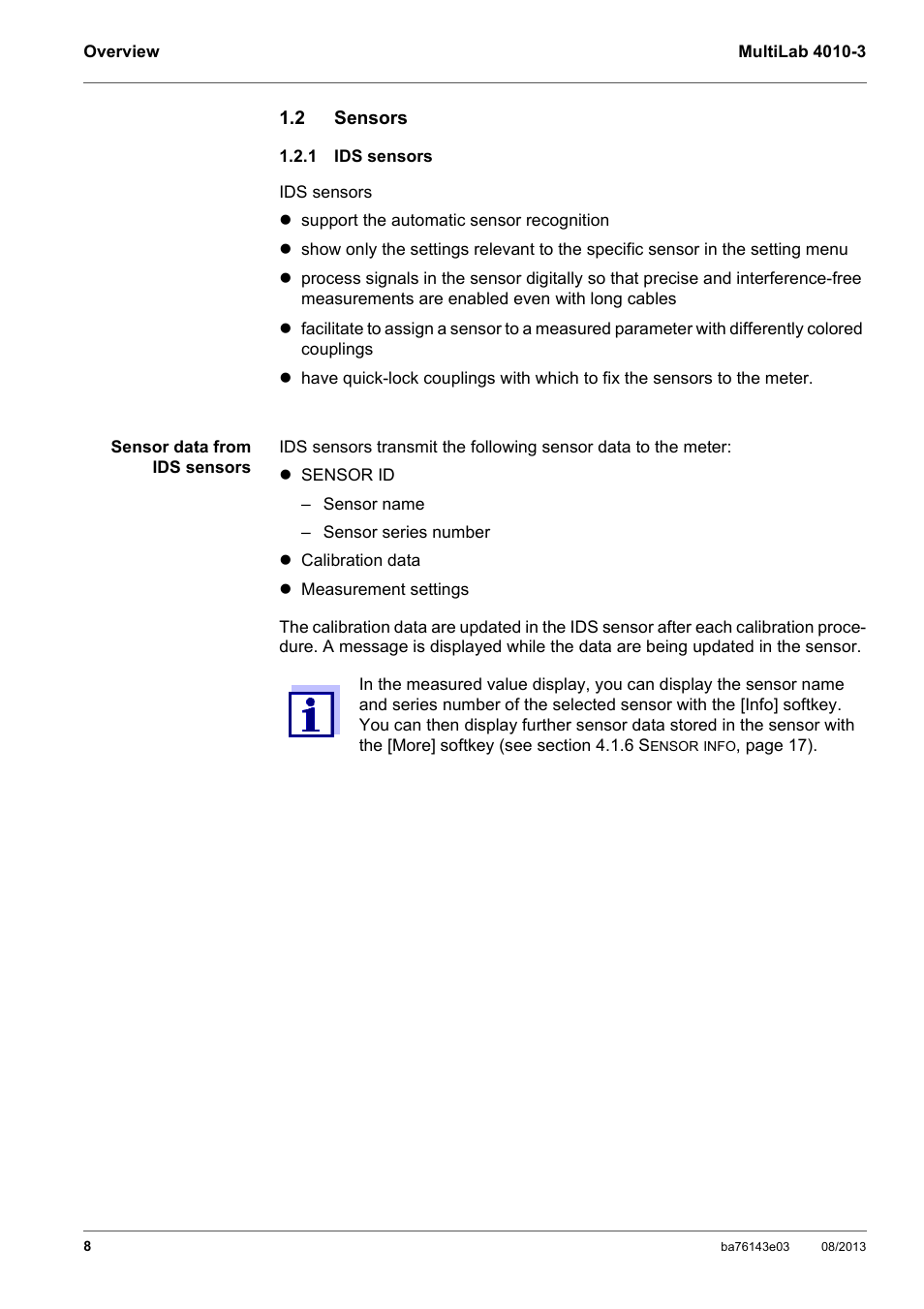 2 sensors, 1 ids sensors, Sensors | Ids sensors | YSI MultiLab 4010-3 User Manual | Page 8 / 140