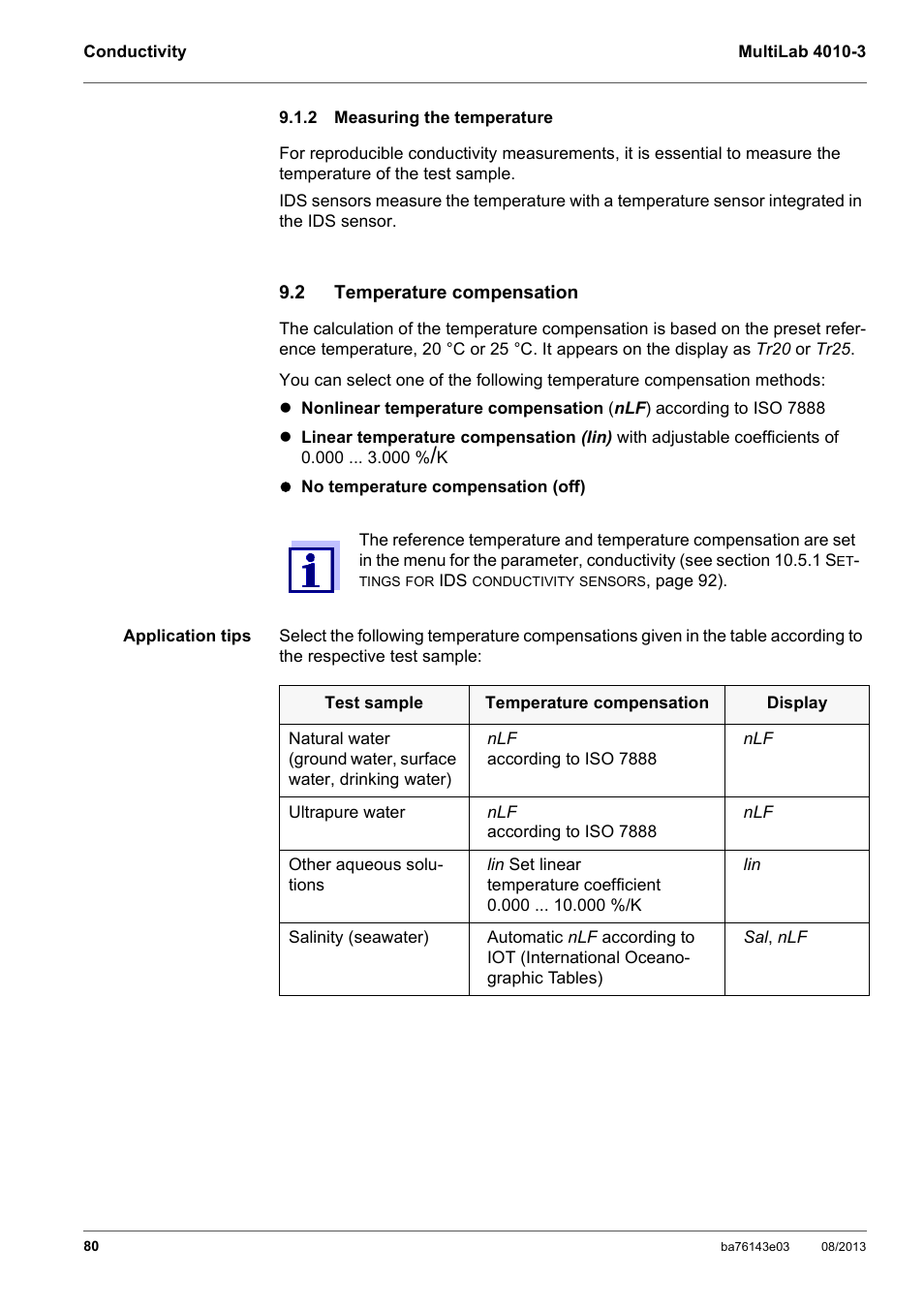 2 measuring the temperature, 2 temperature compensation, Measuring the temperature | Temperature compensation | YSI MultiLab 4010-3 User Manual | Page 80 / 140