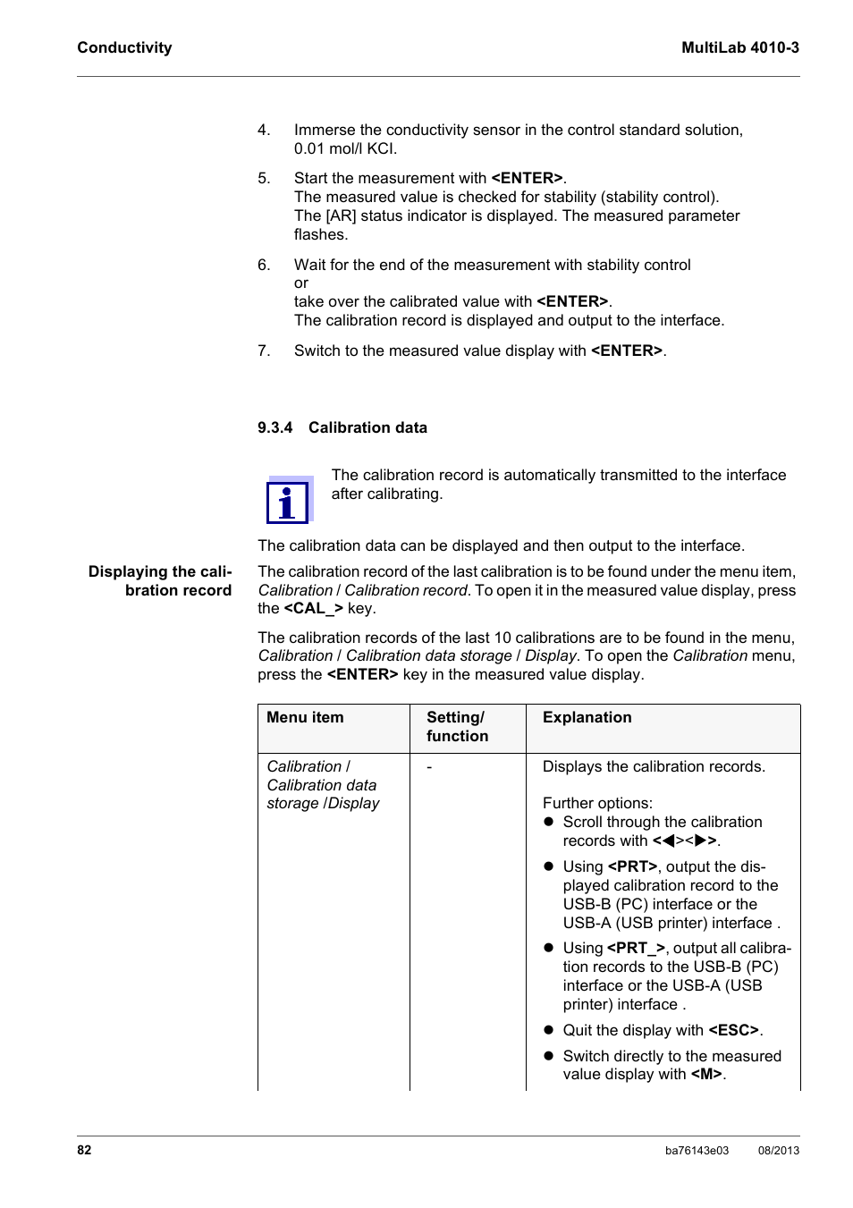 4 calibration data, Calibration data | YSI MultiLab 4010-3 User Manual | Page 82 / 140