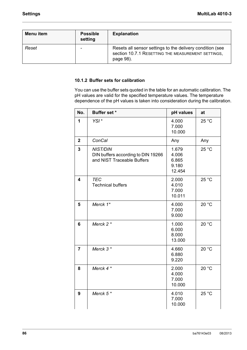2 buffer sets for calibration, See section 10.1.2 b, Uffer | Sets, Calibration | YSI MultiLab 4010-3 User Manual | Page 86 / 140