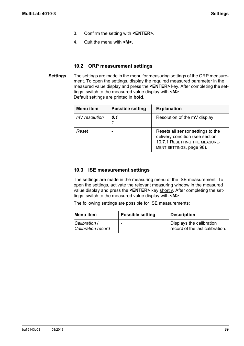 2 orp measurement settings, 3 ise measurement settings | YSI MultiLab 4010-3 User Manual | Page 89 / 140
