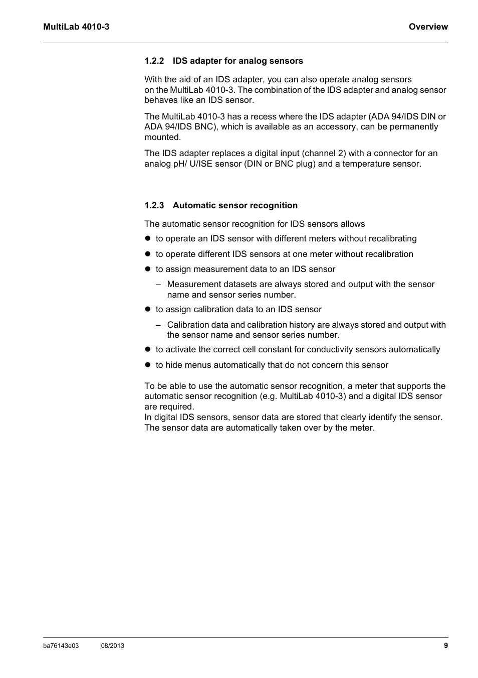 2 ids adapter for analog sensors, 3 automatic sensor recognition, Ids adapter for analog sensors | Automatic sensor recognition | YSI MultiLab 4010-3 User Manual | Page 9 / 140