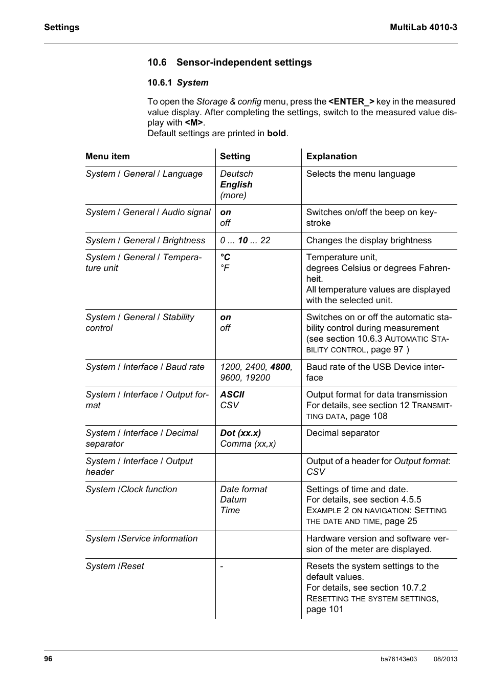 6 sensor-independent settings, 1 system, 1 syst | YSI MultiLab 4010-3 User Manual | Page 96 / 140