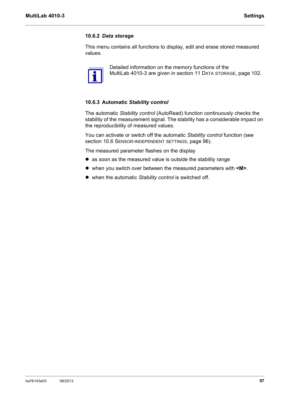 2 data storage, 3 automatic stability control, 2 data | 3 automatic st, Section 10.6.3 a, Utomatic, Tability, Control, Ee section 10.6.3 a, Bility | YSI MultiLab 4010-3 User Manual | Page 97 / 140