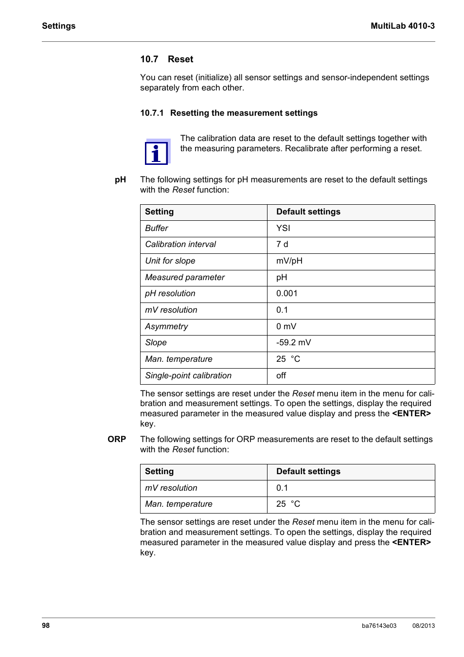 7 reset, 1 resetting the measurement settings, Section 10.7.1 r | Esetting, Measurement, Settings, Measure, Ment, Tings, Ee section 10.7.1 r | YSI MultiLab 4010-3 User Manual | Page 98 / 140