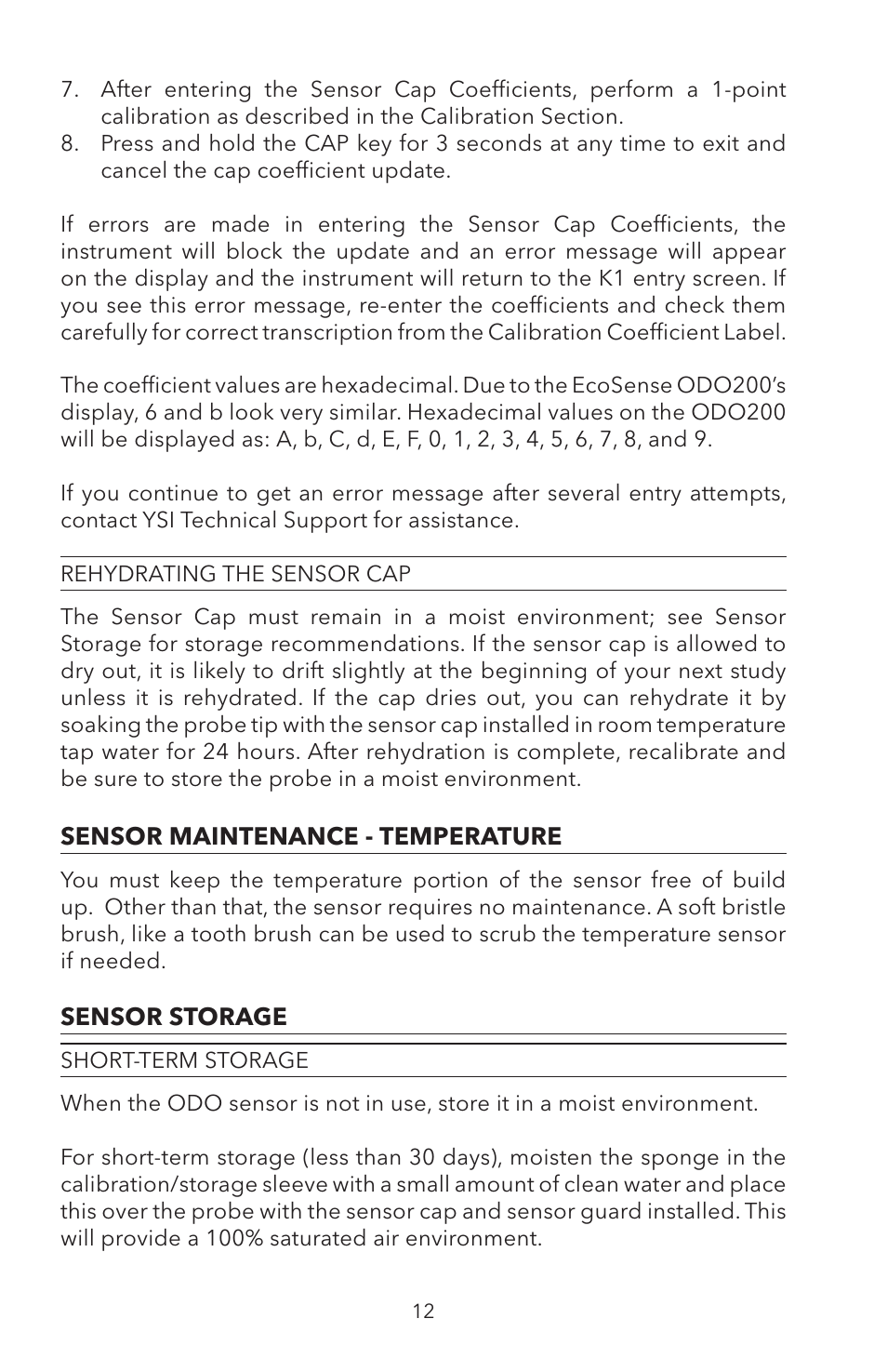 Rehydrating the sensor cap, Sensor maintenance - temperature sensor storage, Short-term storage | YSI ODO200 User Manual | Page 18 / 96