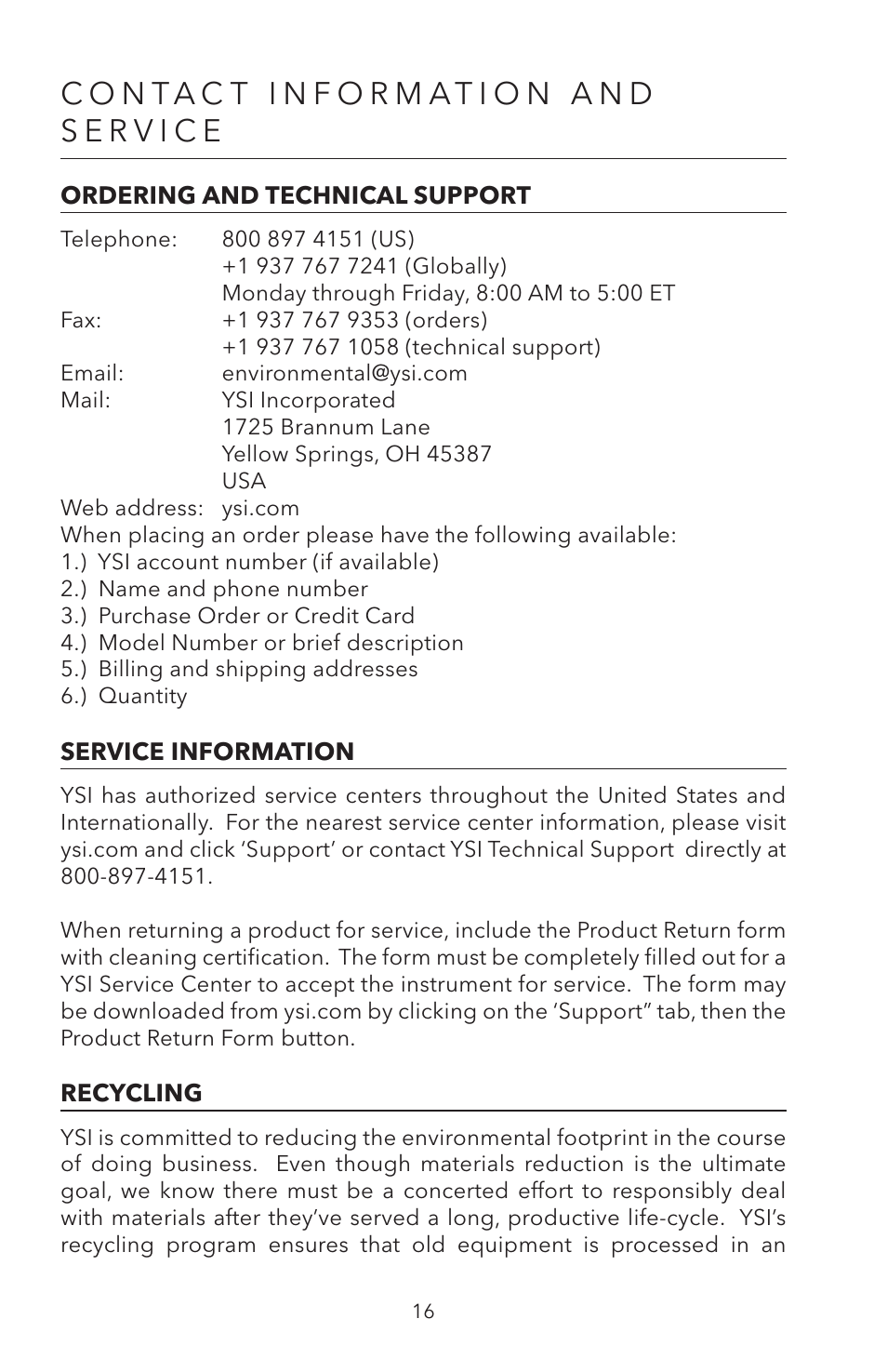 Contact information and service | YSI ODO200 User Manual | Page 22 / 96