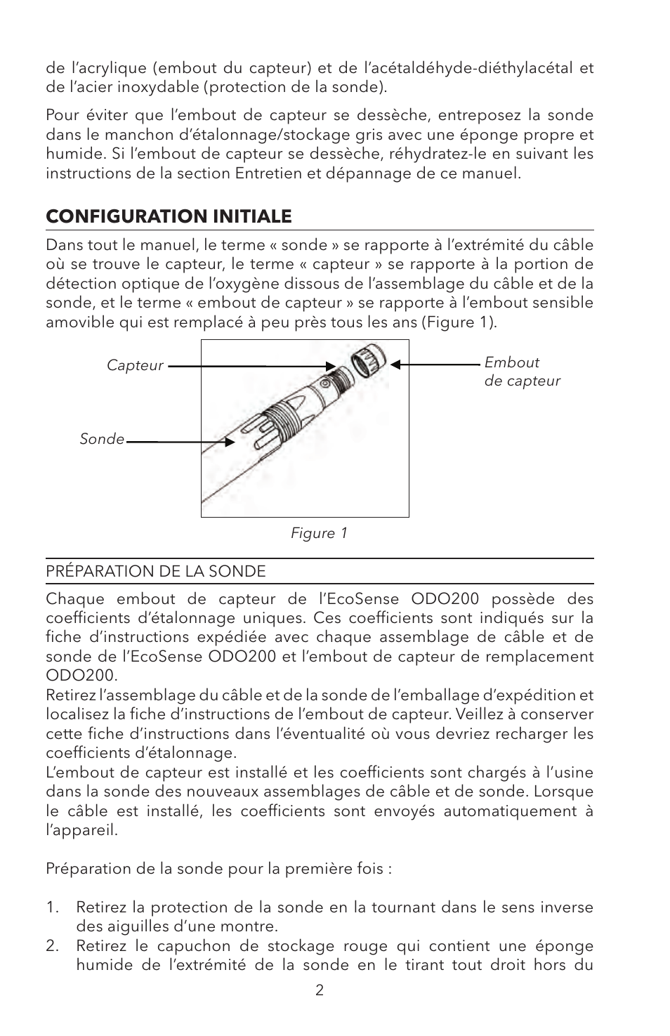 Configuration initiale, Préparation de la sonde | YSI ODO200 User Manual | Page 32 / 96