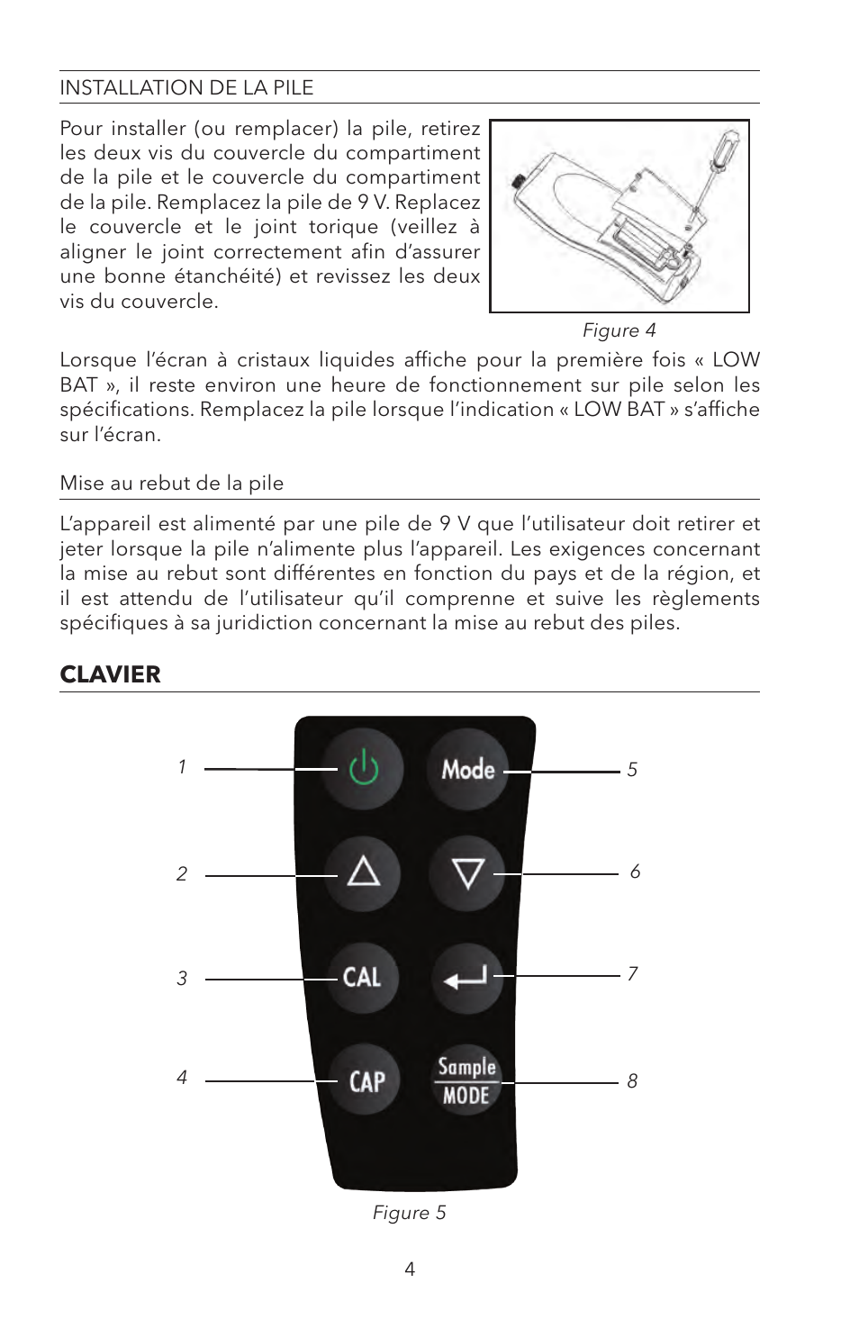 Installation de la pile, Clavier | YSI ODO200 User Manual | Page 34 / 96
