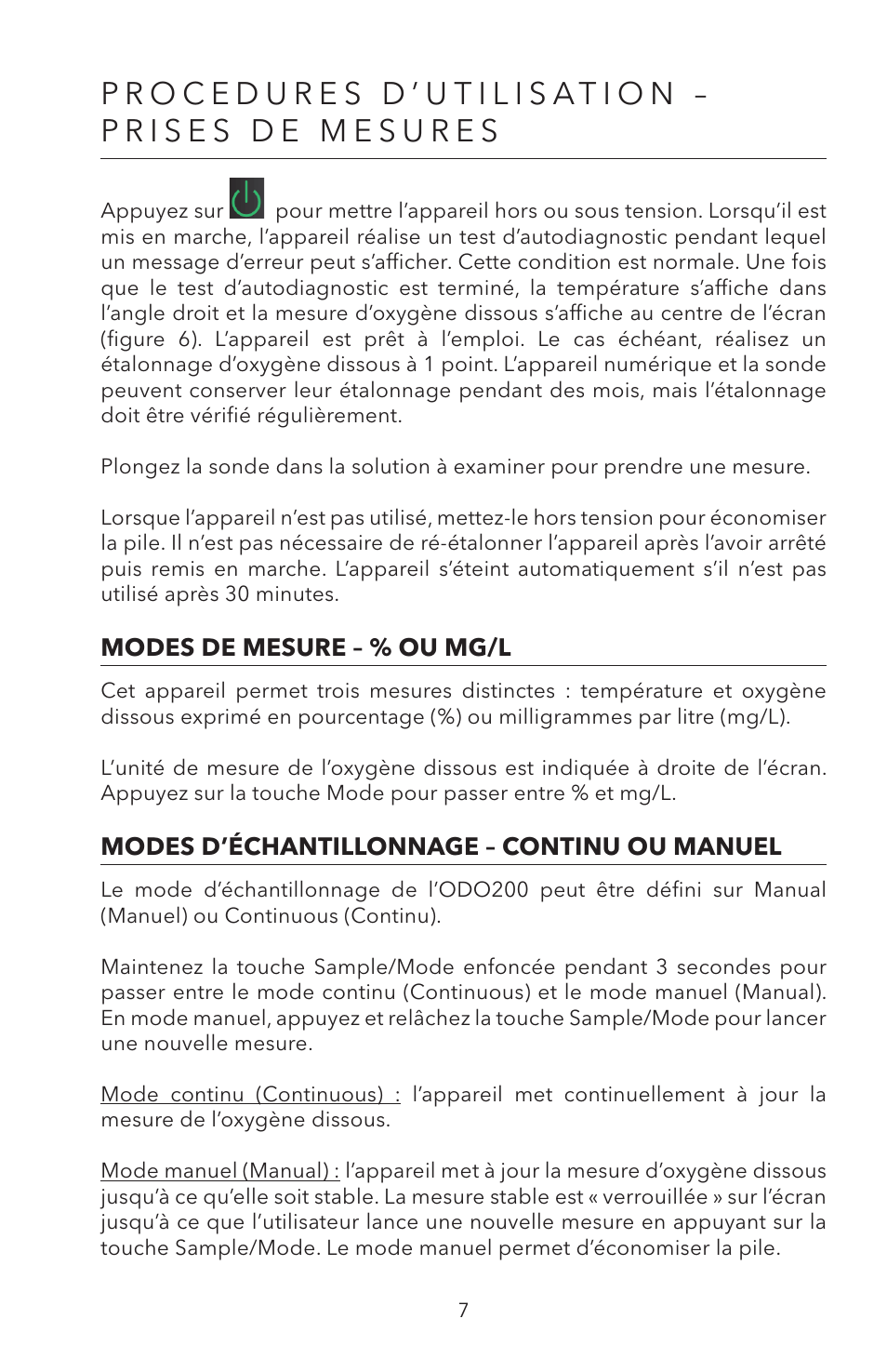 Procedures d’utilisation – prises de mesures | YSI ODO200 User Manual | Page 37 / 96