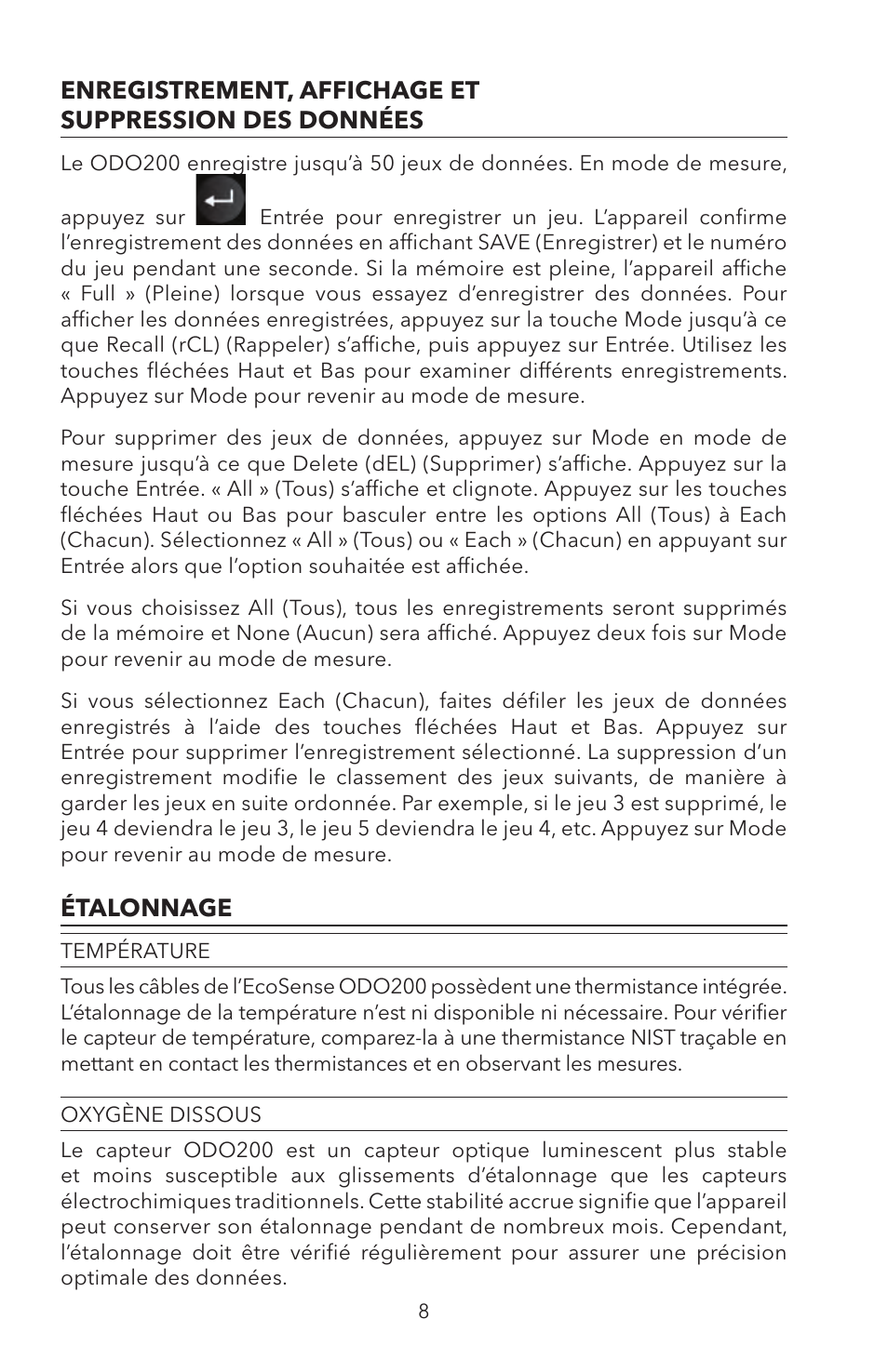 Température oxygène dissous | YSI ODO200 User Manual | Page 38 / 96