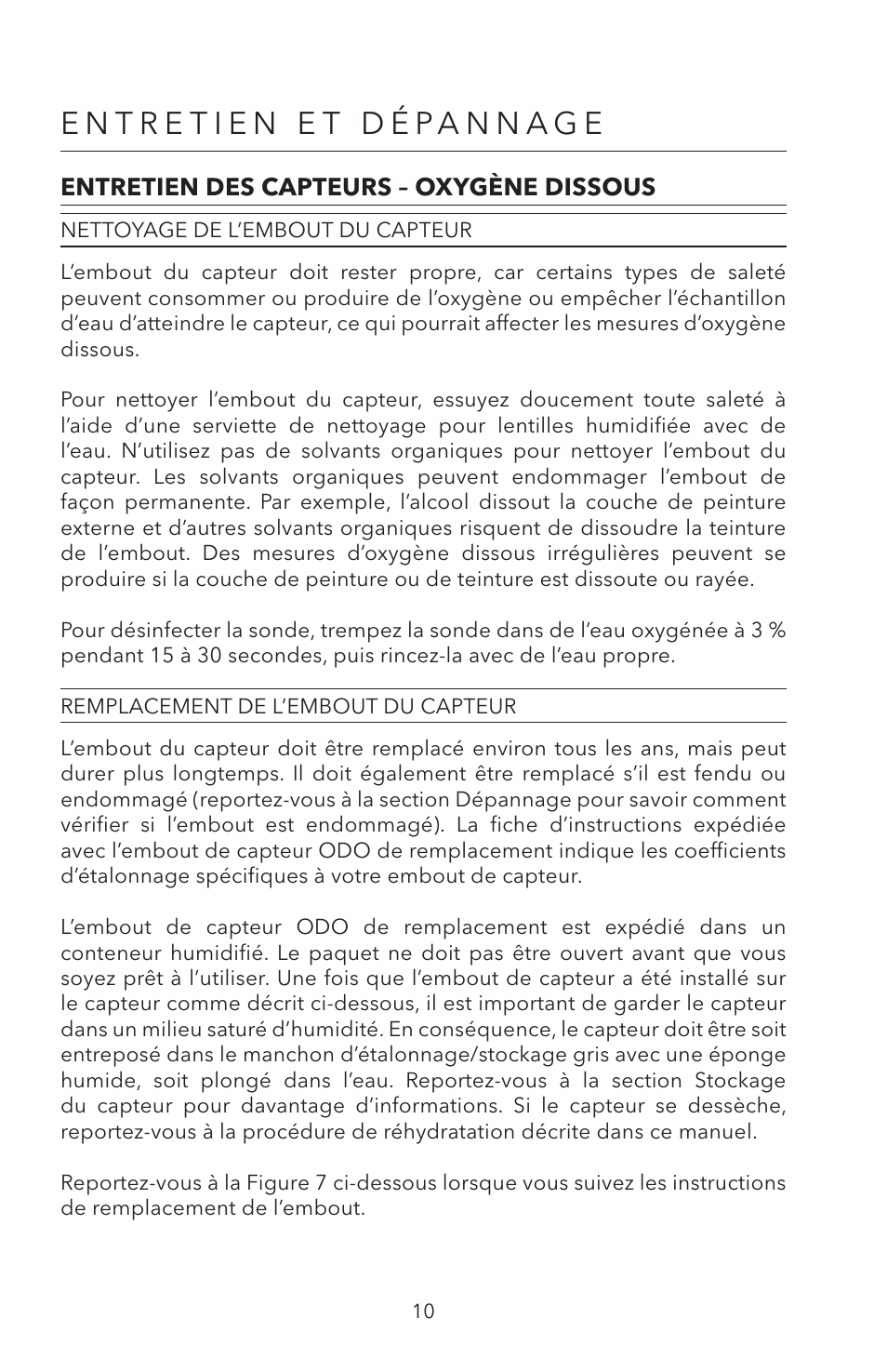 Entretien et dépannage, Entretien des capteurs – oxygène dissous | YSI ODO200 User Manual | Page 40 / 96
